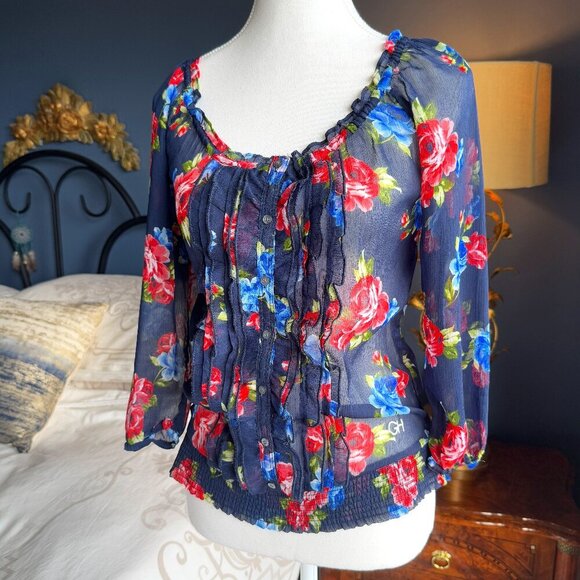 3 For $25! Gilly Hicks Sheer Navy  Floral 3/4 Sleeve Shirt - Picture 1 of 8